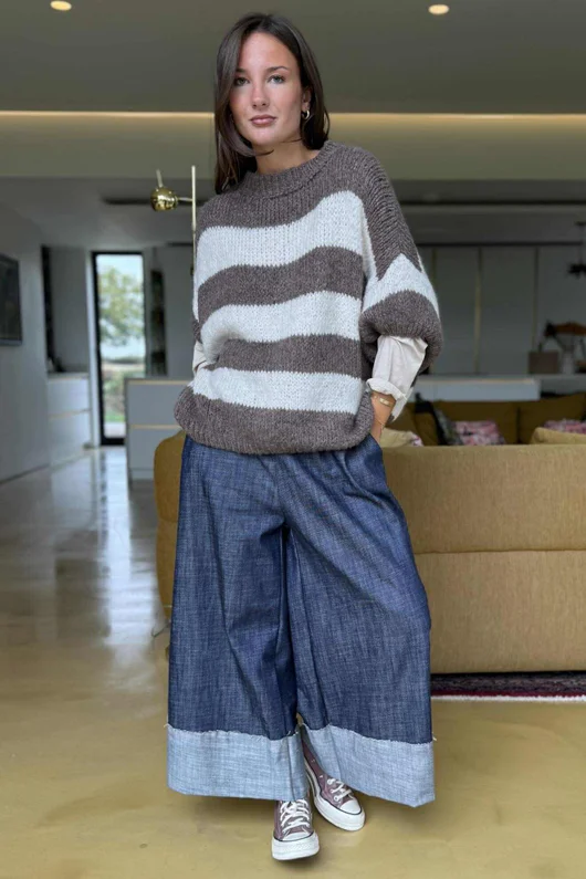  Big Softie Block Stripe Cap Sleeve Knit Top Mocha /15=